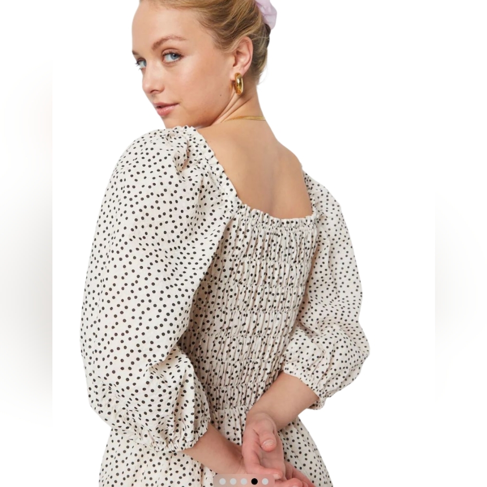Just Female Avi Dress Cream Black Polka Dot‎ Smocked Midi Puff Sleeve 40 14032 - Picture 4 of 7